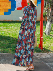 Vintage Geometry Print O-neck Half Sleeve Bohemia Maxi Dress