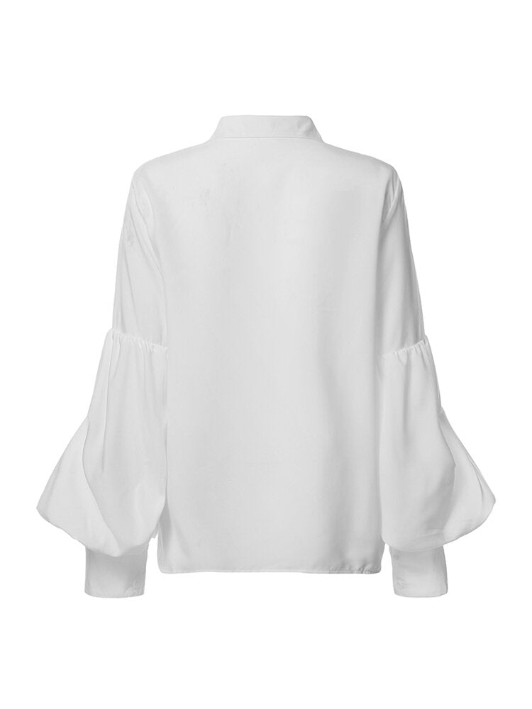 Solid Color Turn-down Collar Long Puffs Sleeve Blouse For Women