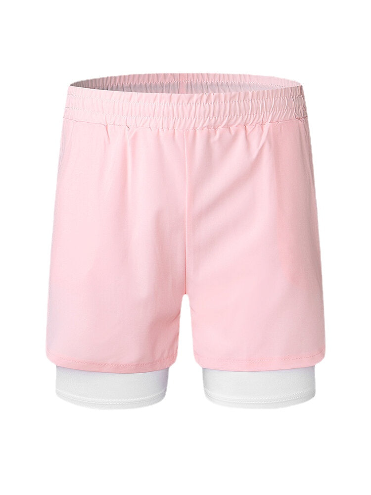 Men Solid Color Quick Dry Sports Running Casual Stretch Double Layered Board Shorts
