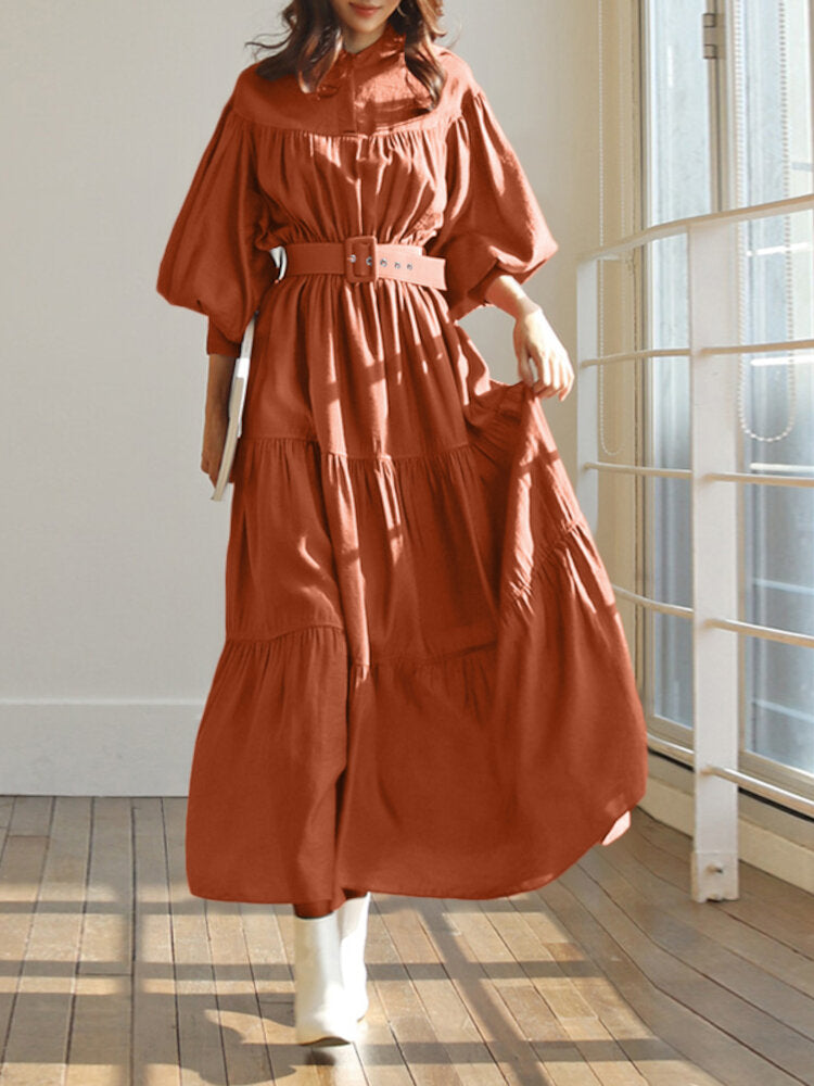 Solid Color Stand Collar Puff Sleeve Belted Pleated Shirt Maxi Dress