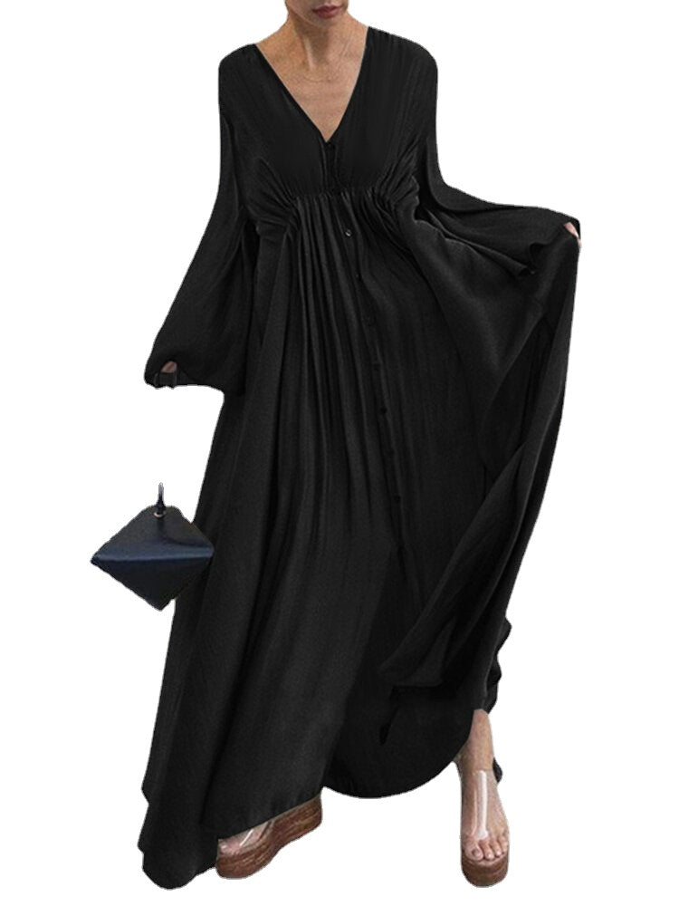 Solid Color V-neck Long Sleeve Big Swing Pleated Button Casual Maxi Dress For Women