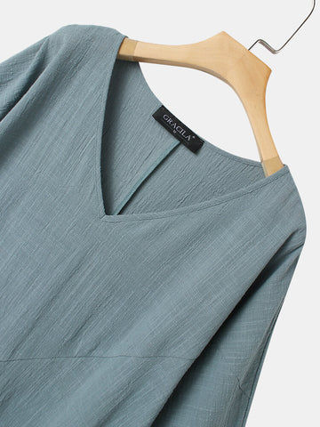 Casual Solid Color V-neck Loose Half Sleeves Pocket Midi Dress