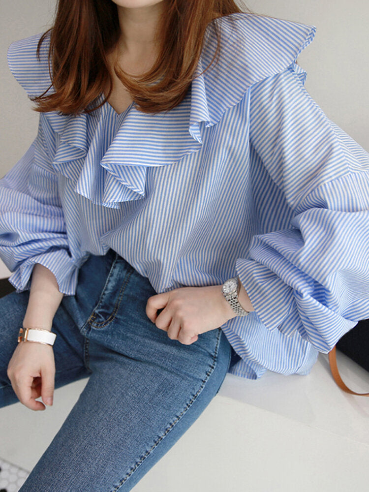 Women Ruffles Collared Striped Irregular Pleats Spliced Elastic Cuffs Casual Shirts