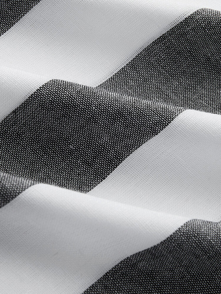 Linen Striped Print Front Button Stand Collar Short Sleeve Casual Dress