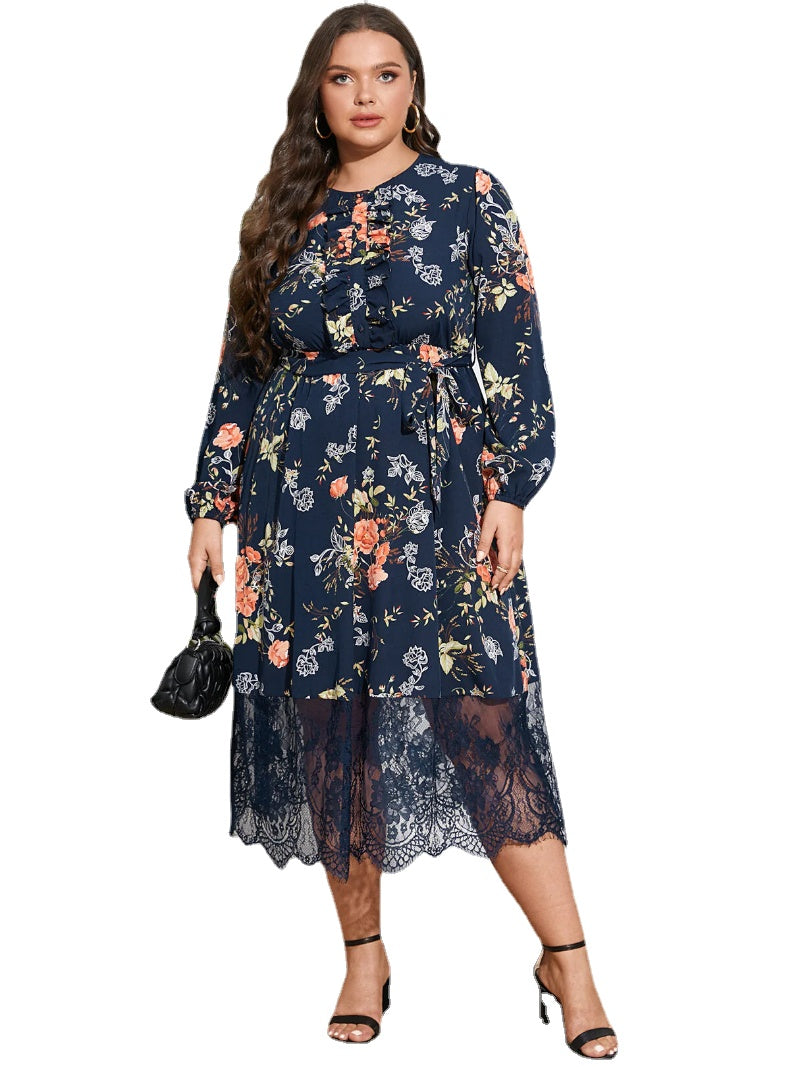 Plus Size Floral Print Belt Design Lace Hem Dress