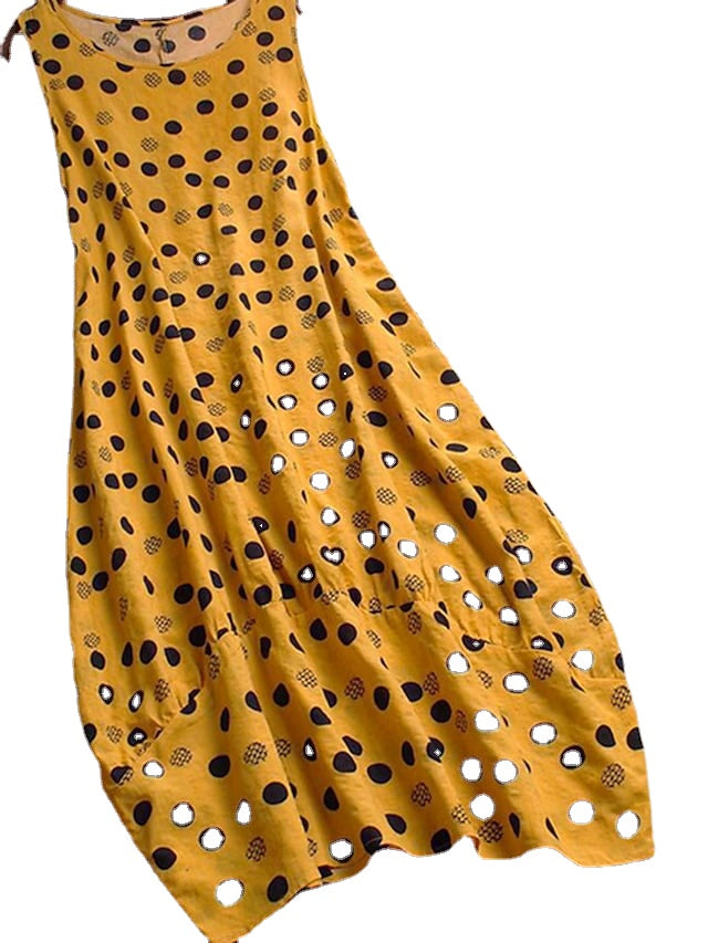 Women's Sleeveless Polka Dot Print Crew Neck Swing Boho Dress