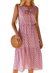 Polka Dot Print V-neck Sleeveless Knotted Pleated Dress For Women