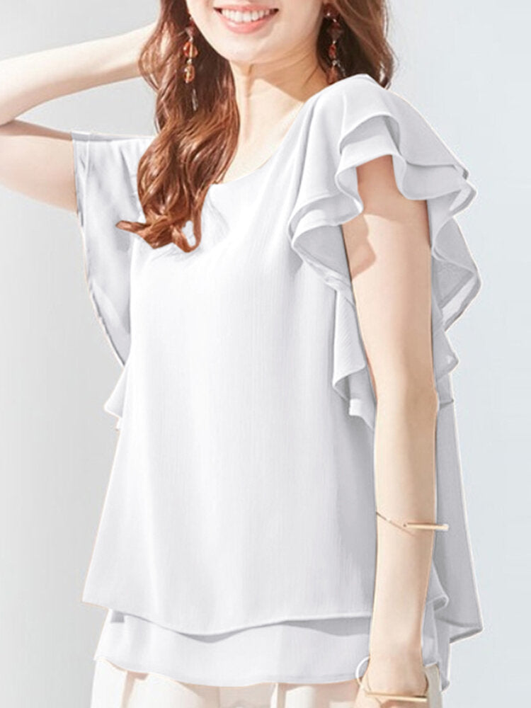 Solid Layered Ruffle Round Neck Casual Blouse