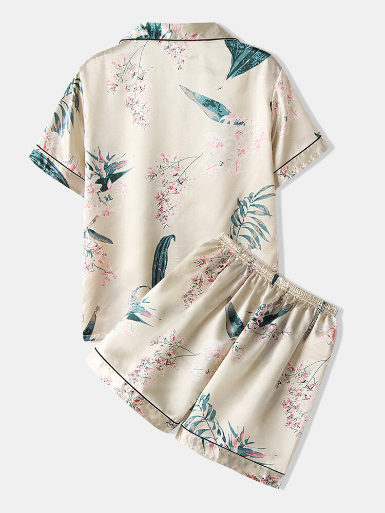 Plus Size Women Plant Print Revere Collar Faux Silk Short Sleeve Loose Pajama Sets