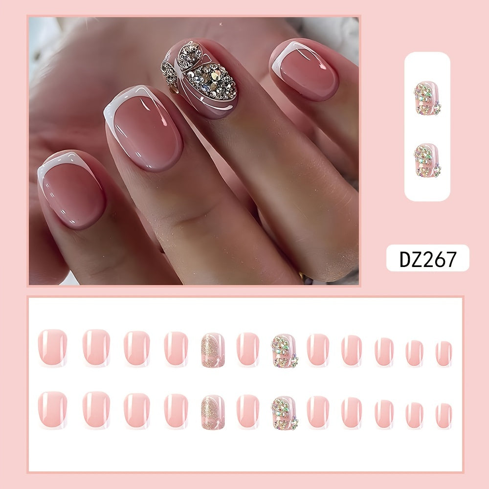 24pcs Glossy Short Square Fake Nails, White French Tip, Pink Rhinestone Design, Press On Nails for Women Girls