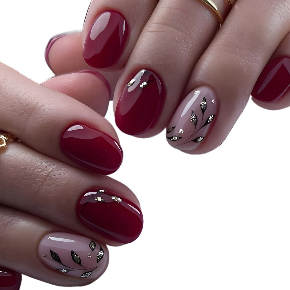 24-Piece Glossy Pinkish Red Press-On Nails with Shimmering Leaf Pattern - Durable, Reusable & Glitter Design