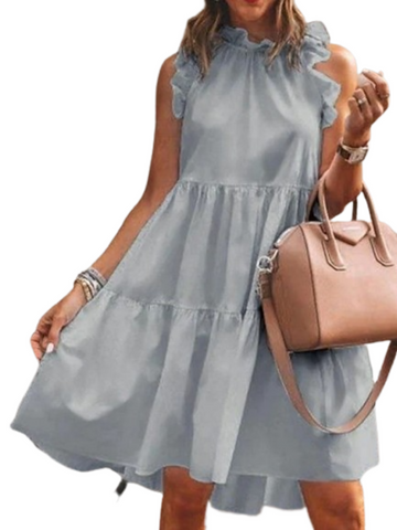 Women's Sleeveless Pure Color Ruched Crew Neck Elegant Dress