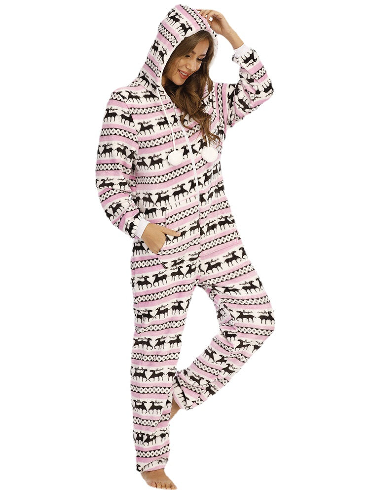 Christmas Women Flannel Elk Graphics Pocket Hooded Jumpsuits Cozy Warm Sleepwear