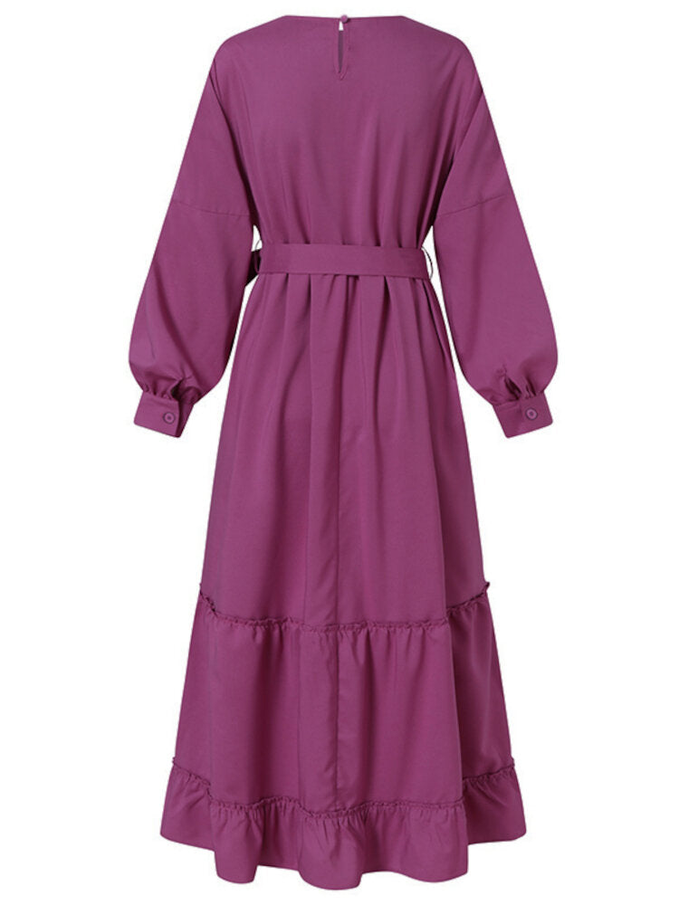 Solid Color O-neck Back Zipper Lace-up Long Sleeve Belted Pleated Maxi Dress
