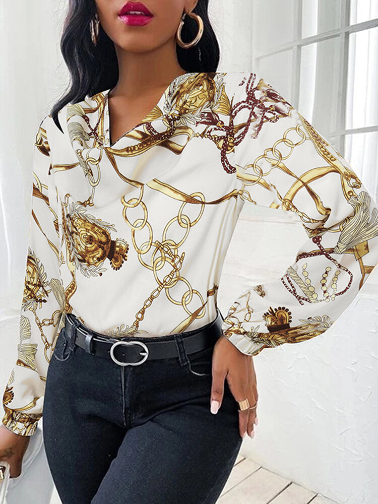 Chain Print Cowl Neck Puff Long Sleeve Women Blouse