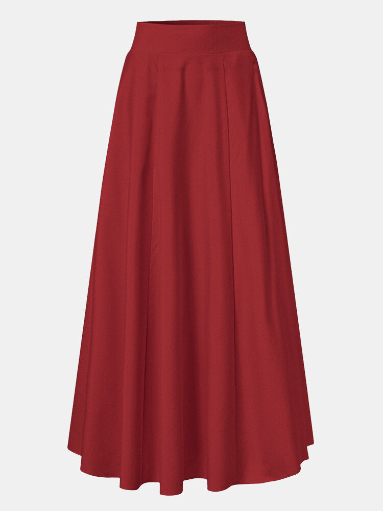 Women Solid Color A-Line Elastic Waist Casual Swing Skirts With Pocket