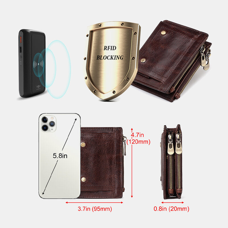 Men Genuine Leather RFID Anti-theft Double Zipper Retro Business Multi Card Slot Leather Card Holder Wallet