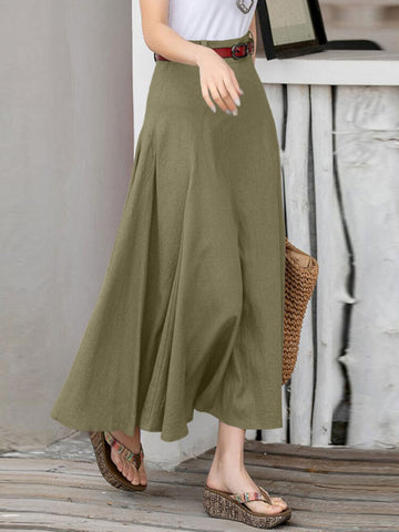 100% Cotton Solid Side Zipper Spliced Casual Loose Skirt For Women