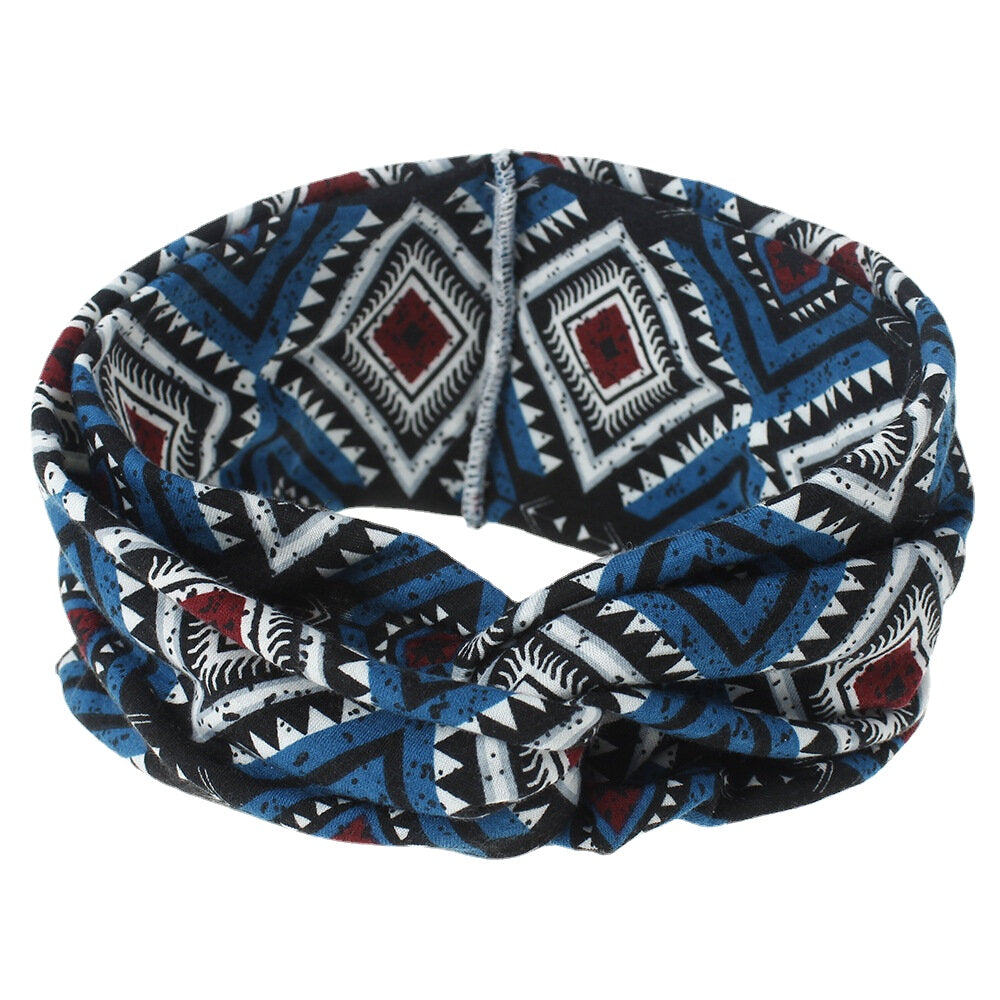 Women Bohemian Style Diamond Lattice Pattern Casual Outdoor Headdress Elastic Cross Tie Wide Brim Headband