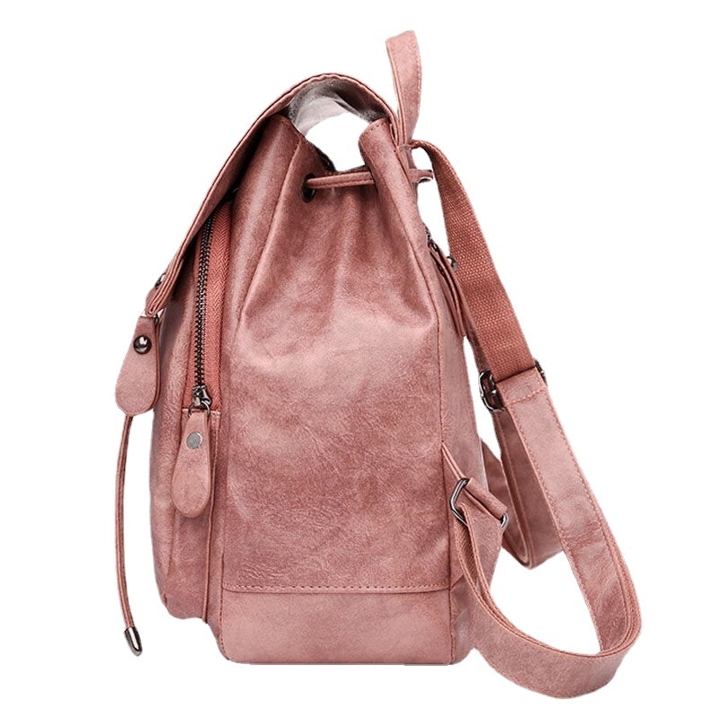 Women PU Leather Multi-pockets  Button Backpack  Drawstring Hasp Laptop Bag