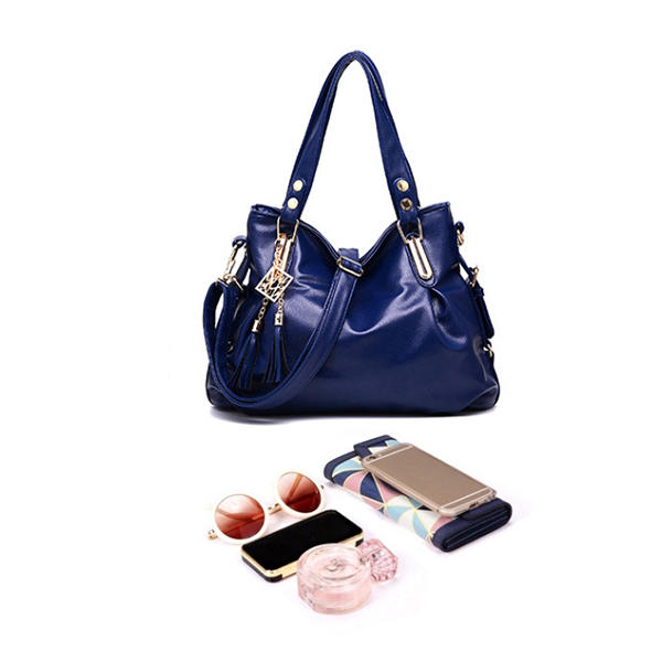 Women Faux Leather Tassel Soft Leather Handbag Solid Casual Crossbody Bag