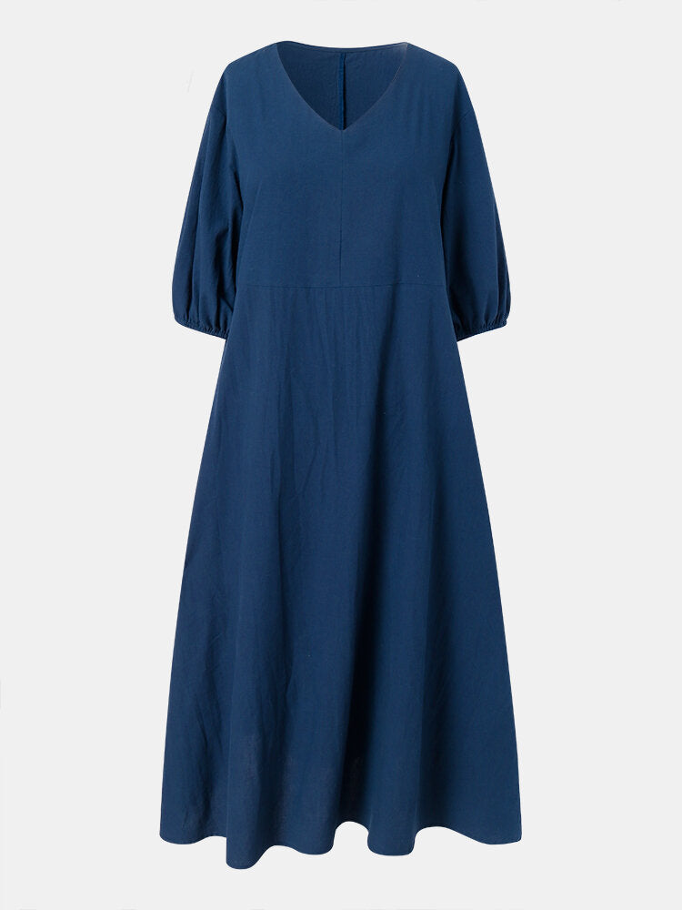 Casual Solid Color V-Neck Half Sleeve Maxi Dress