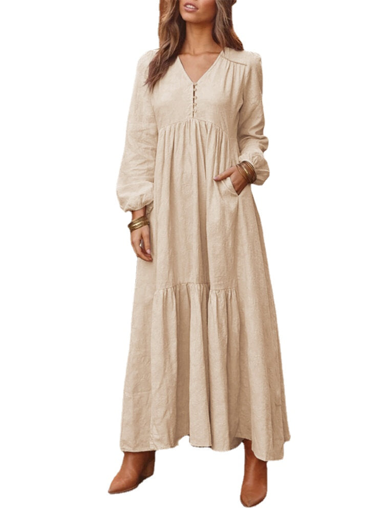 Women Solid Color V-neck Long Sleeve Causal Maxi Dress