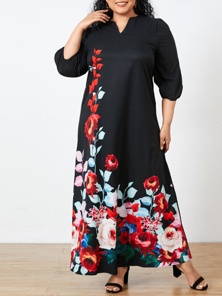 Women Floral Print V-Neck 3/4 Sleeve Casual Maxi Dress