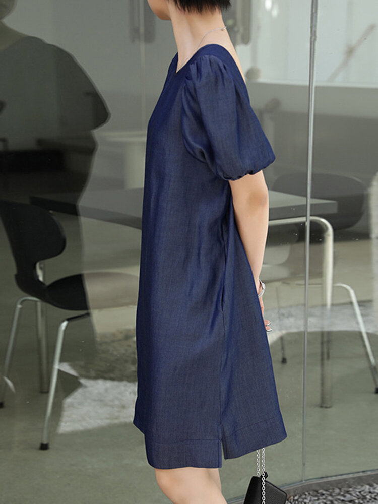 Solid Casual Crew Neck Puff Sleeve Pleated Plain A-line Midi Dress