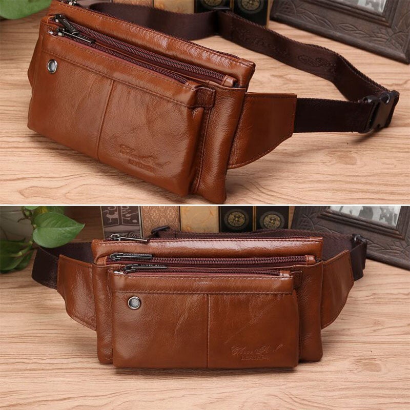 Men Multifunction Ultra-thin Multi-pocket Chest Bag Retro Casual 6.5 Inch Phone Bag Cowhide Crossbody Bags Shoulder