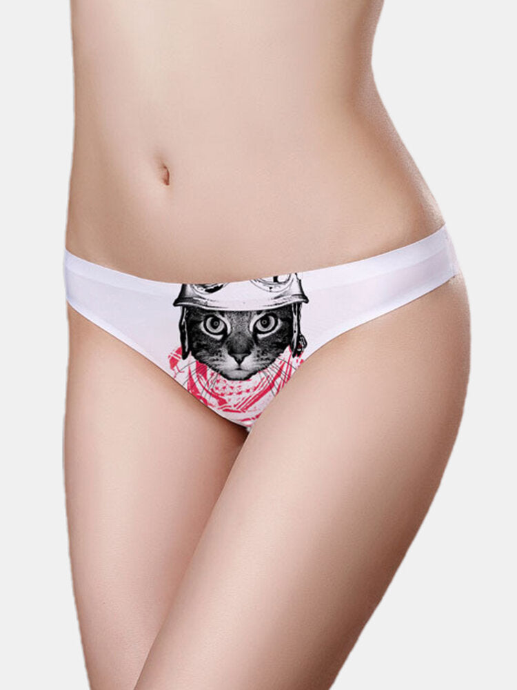 Women Cartoon Cat Print Low Waist Breathable Lining Soft Panties
