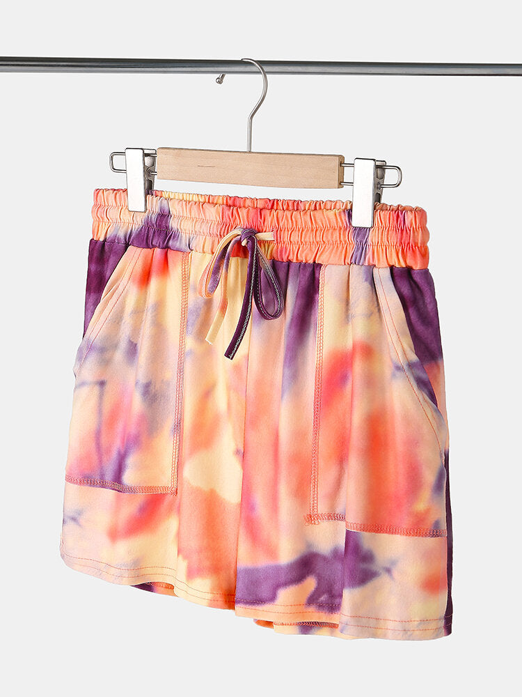 Tie Dye Women Long Sleeve Drawstring Pocket Shorts Casual Home Two-piece Set