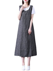 Women Sleeveless Plaid Loose Casual Mid-long Tank Dress