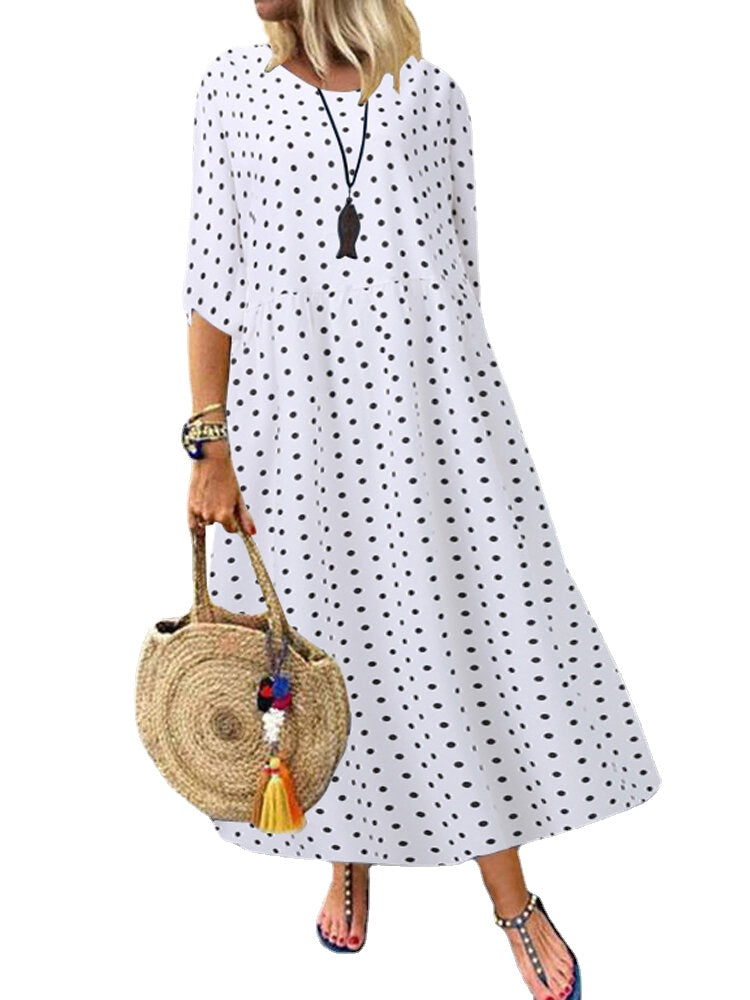 Women Loose O-neck Polka Dot 3/4 Sleeve Maxi Dress