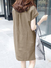 Solid Pocket Button Front Casual Dress With Belt