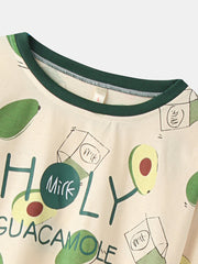 Women Cute Avocado Print O-Neck Cotton Long Sleeve Loose Two-Piece Lounge Home Pajamas Sets