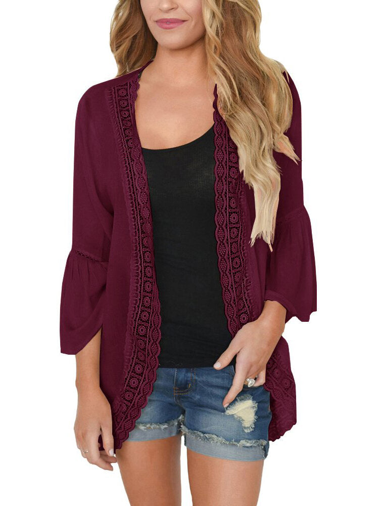 Women Solid Color Lace Trim Light Cardigans