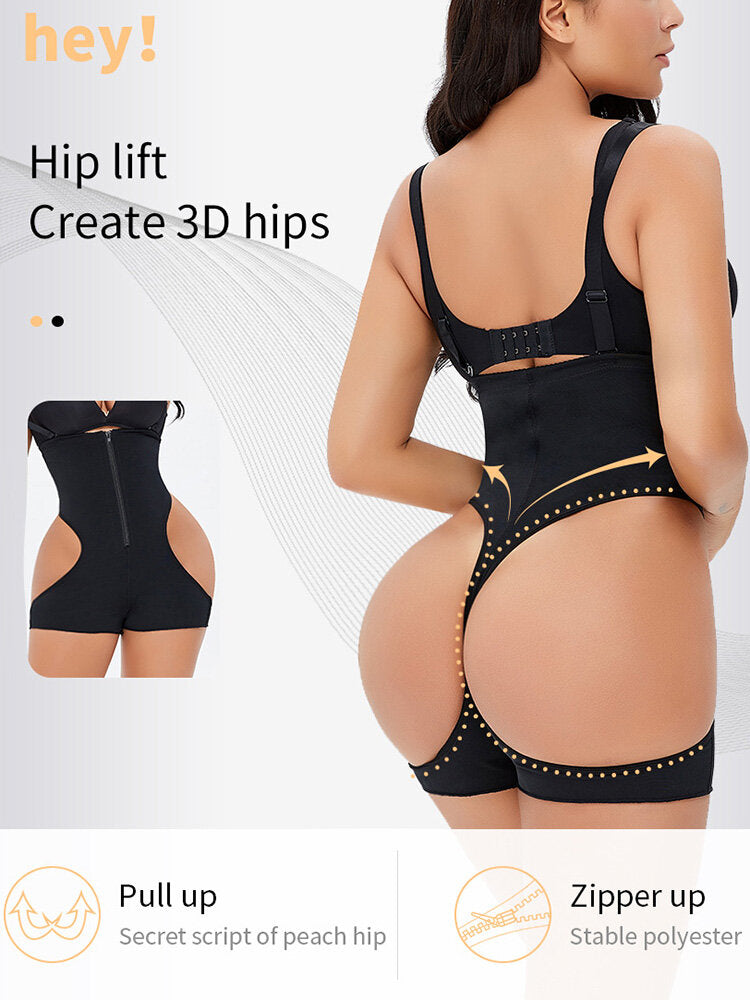 Plus Size Women Cutout Breathable Zip Front Hip Lift High Waist Strappy Bodysuits Shapewear