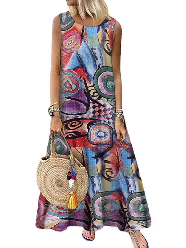 Women Retro O-neck Floral Print Sleeveless Maxi Dress