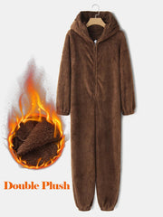 Women Fluffy Plush Zipper Cute Hooded Home Long Sleeve Warm Sleepwear Jumpsuits