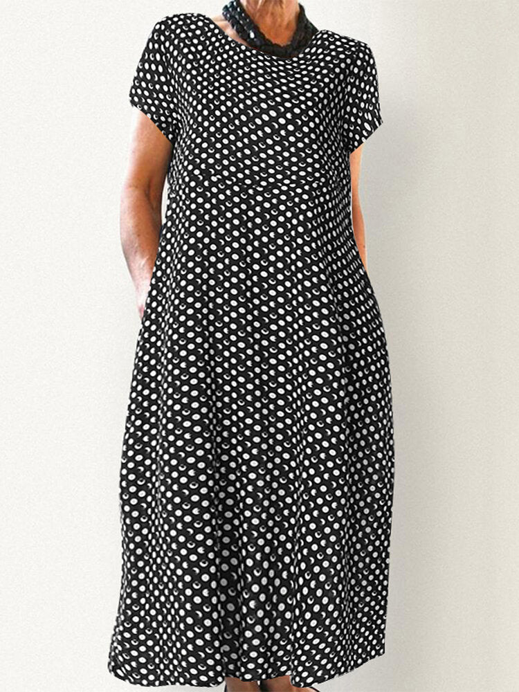 Women Crewneck Polka Dot Print Short Sleeve Midi Dress