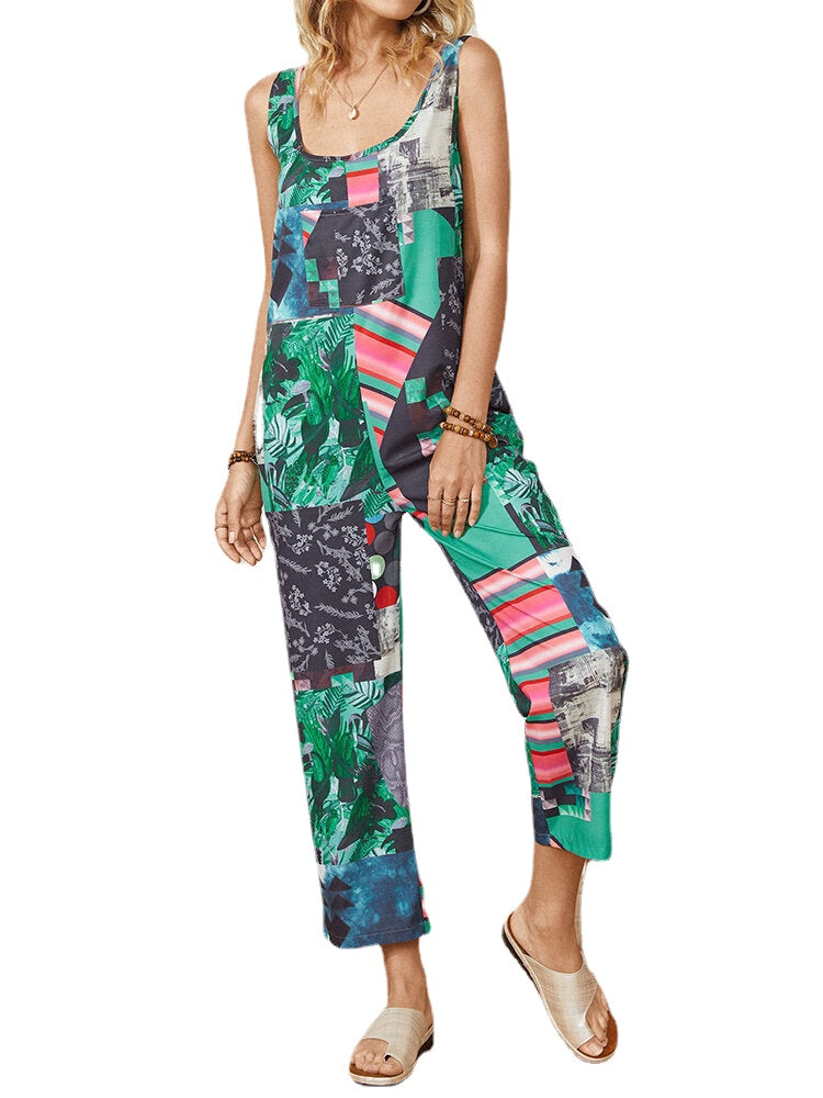 Flower Plants Geometric Print Strap Sleeveless Jumpsuit With Pocket