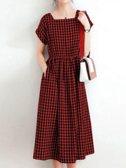 Women Squre Neck Plaid Calf Length Side Pockets Casual Midi Dresses