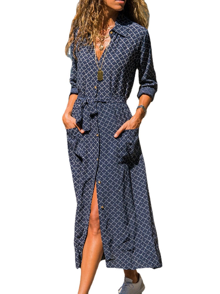 Long Sleeve Turn-down Collar Print Casual Shirt Dress