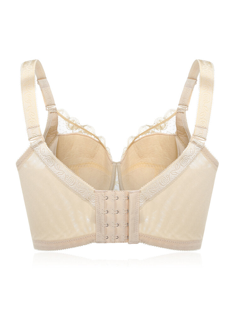 Plus Size Lace Jacquard Gather Full Coverage Push Up Bra,Milk Yellow