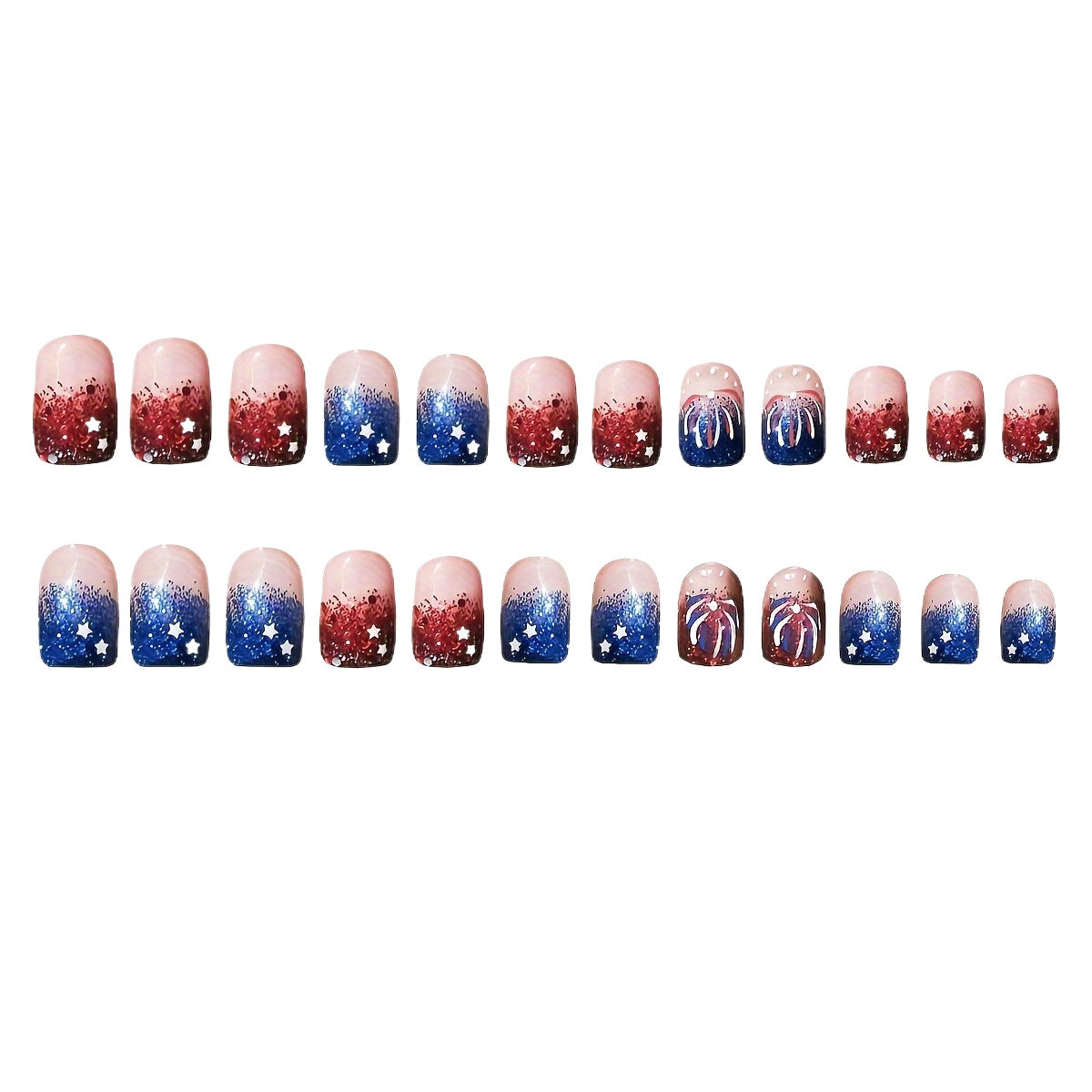 96-Piece Independence Day Press-On Nails Set - Red & Blue Stars & Fireworks, Short Square, Glossy Finish, Includes Jelly Adhesive & Nail File