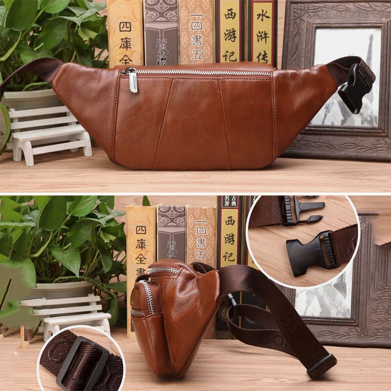 Men Genuine Leather Multifunction Front Flap-Over Zipper Pocket Chest Bag Retro Large Capacity Casual Crossbody Bags Shoulder