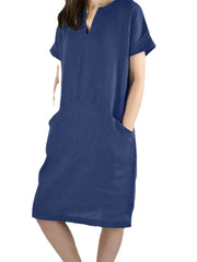 Solid Pocket V Neck Short Sleeve Casual Cotton Midi Dress