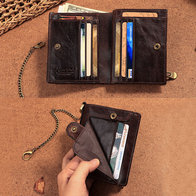 Men Genuine Leather RFID Anti-theft Zipper Multi-slot Card Holder Wallet With Chain