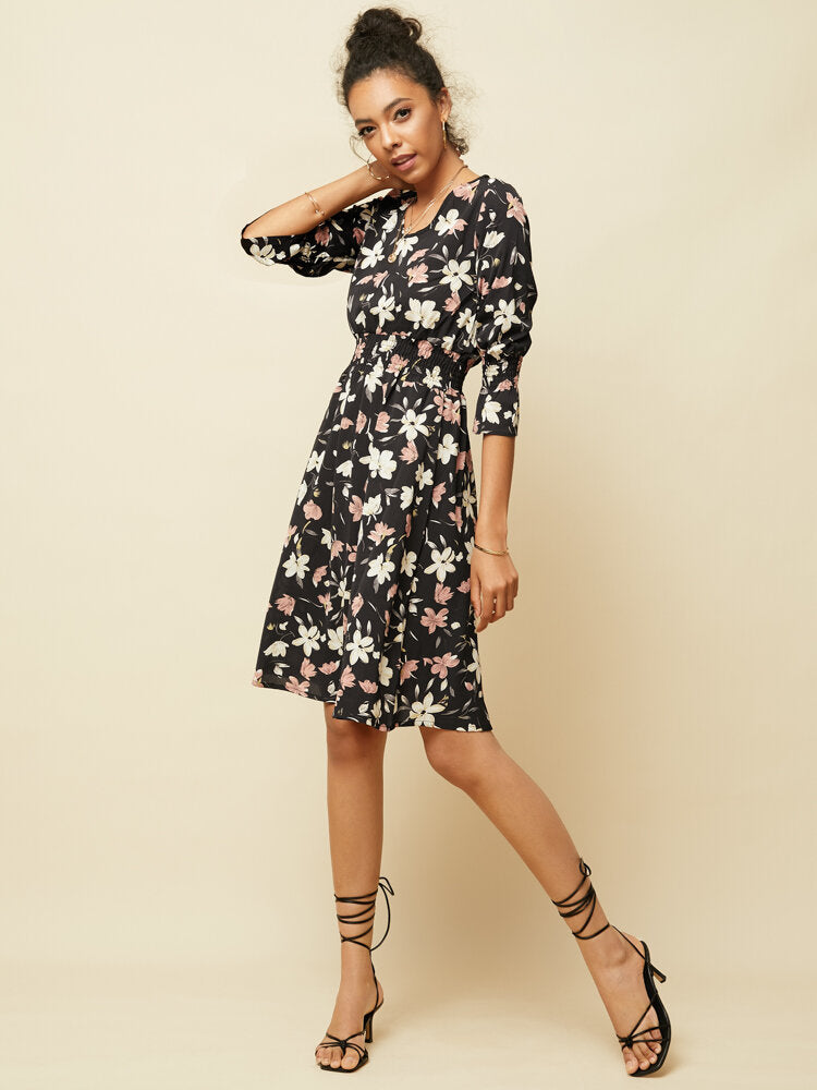 Long Sleeved V-neck Floral Print Chiffon Mini Dress